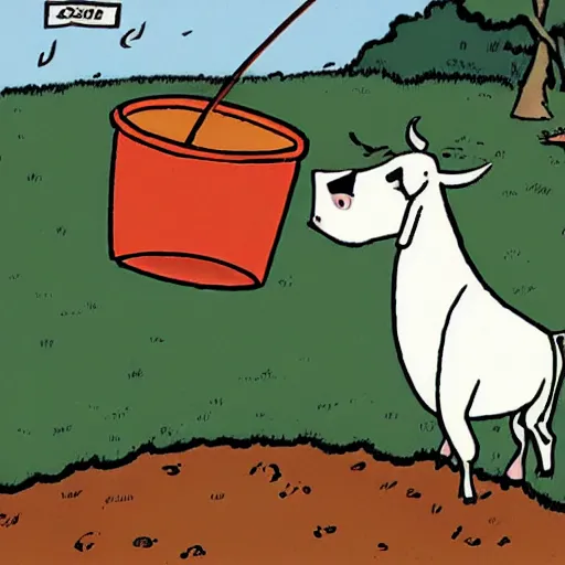 Image similar to a cow points at a bucket, illustrated by gary larson