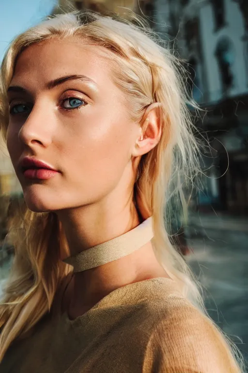 Image similar to photograph of a vintage photo of an olive skinned blonde female model in her twenties, wearing a designer top, looking content, focused on her neck, photo realistic, extreme detail skin, natural beauty, no filter, slr, golden hour, 4 k, high definition, selfie