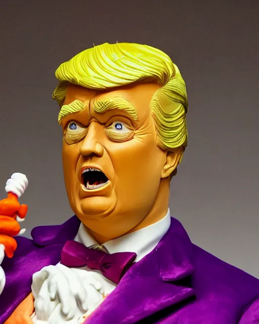 Image similar to wide angle photo of a maquette sculpture of donald trump as willy wonka, he is wearing a victorian era purple jacket and pants, and a velvet purple top hat over his long orange hair. he is holding a candy cane colored cane. his skin is an orange color like an oompa loompa. in the style of sideshow collectibles, highly detailed sculpture