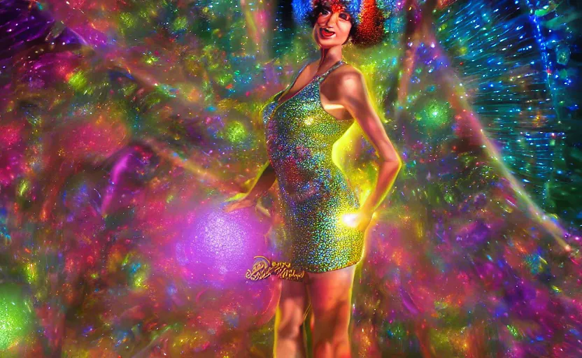 Prompt: Ultradetailed, hyperrealistic, a vintage roller skating diva wearing a disco ball skirt mirror tanktop with a disco ball afro in a psychedelic cosmic roller rink in the clouds, by Vladimir kush, by josip csoor, by roger dean, rendered in octane, volumetric lighting, retro color scheme, trending on artstation -20