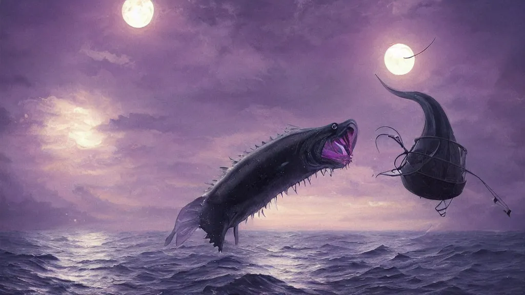 Image similar to a large!! surfacing anglerfish!!!! meets a lantern - holding!!!! sailor!!!! on a ( sloop ), ( background with large full moon and purple sky ), in the styles of greg rutkowski, jorge jacinto, and thomas veyrat intricate, accurate details