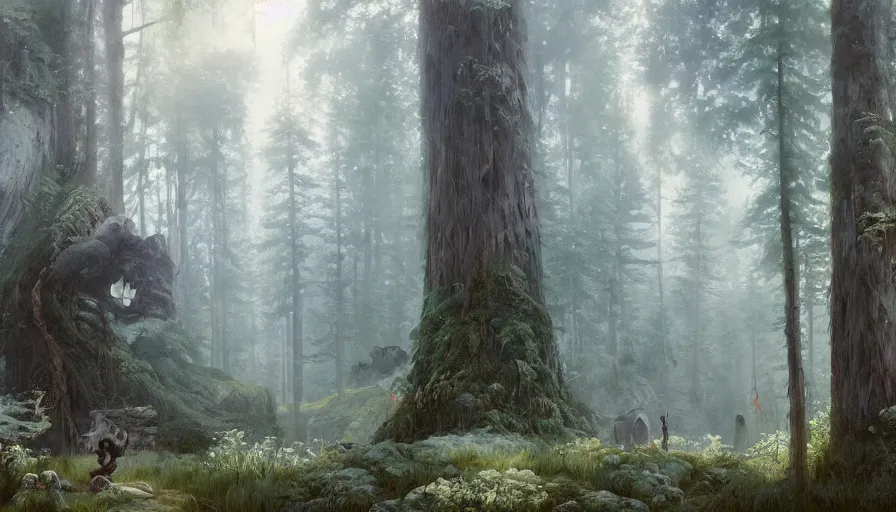 Image similar to beautiful ancient forest, matte painting, beautifully painted, beautiful lighting, enchanted forest, jeremy lipking, studio ghibli, princess mononoke