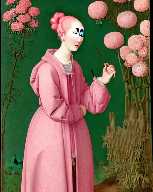 Image similar to portrait of a woman with pink hair buns, wearing a green puffer jacket and baggy jeans, standing in a garden full of plants and flowers, white background, intricate details, high detail, in the style of rogier van der weyden and jacopo da pontormo, punk, asian art,