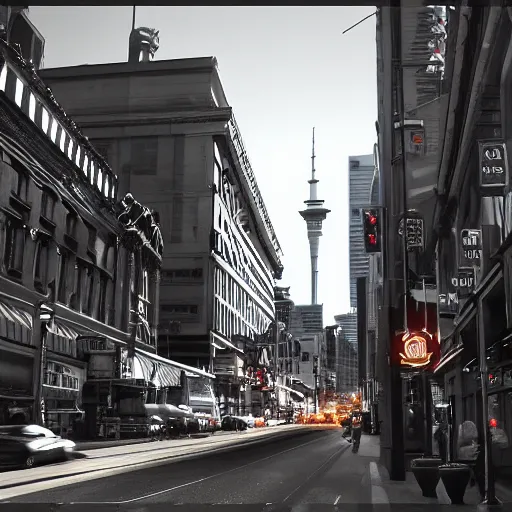 Prompt: auckland city queen street, dynamic lighting, cinematic composition, artstation, kiwiana