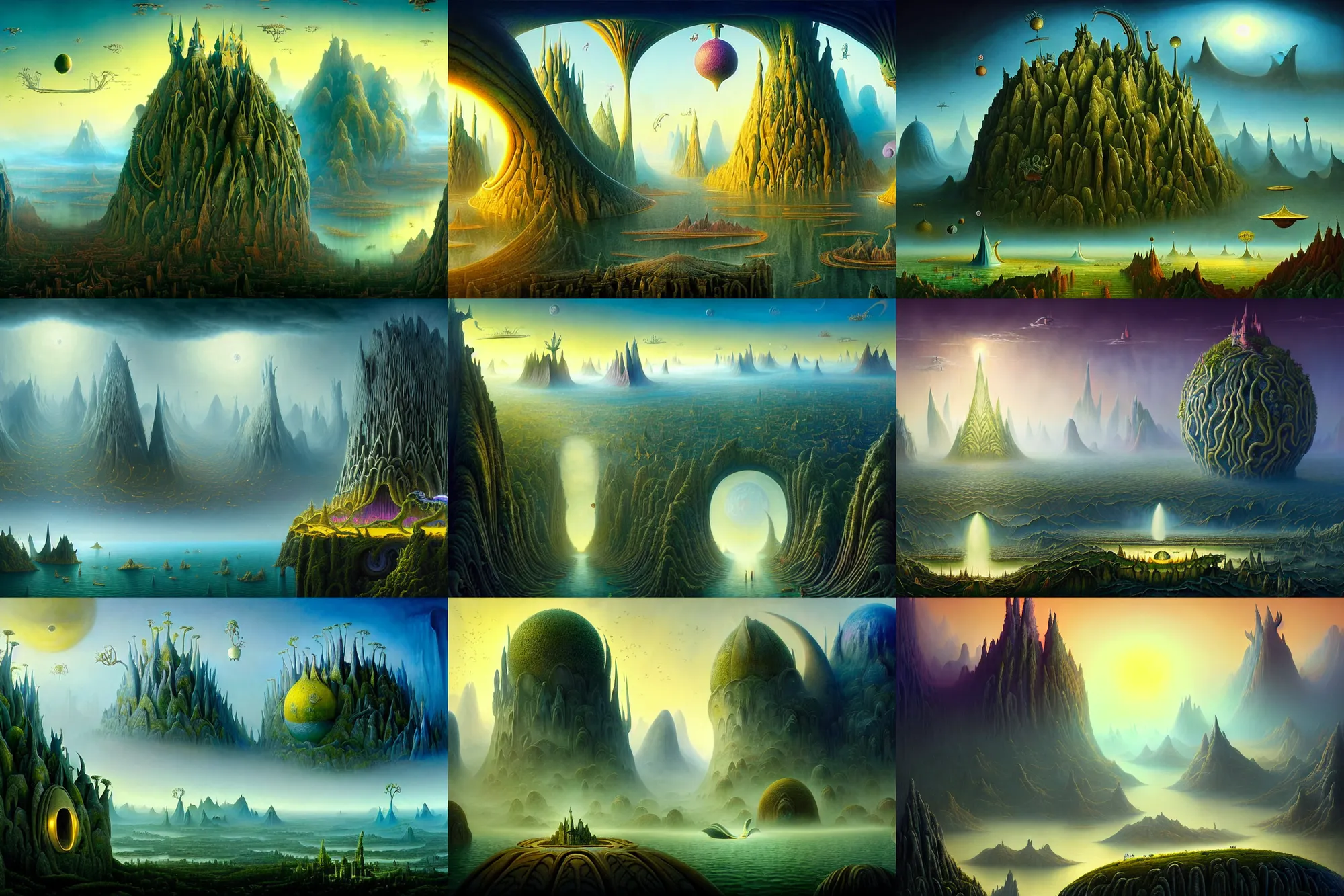 Prompt: a beguiling epic stunning beautiful and insanely detailed matte painting of alien dream worlds with surreal architecture designed by Heironymous Bosch, mega structures inspired by Heironymous Bosch's Garden of Earthly Delights, vast surreal landscape and horizon by Asher Durand and Gerald Brom and Cyril Rolando and Oh Ji Hoon and Tyler Edlin, masterpiece!!!, grand!, imaginative!!!, whimsical!!, epic scale, intricate details, sense of awe, elite, wonder, insanely complex, masterful composition!!!, sharp focus, fantasy realism, dramatic lighting