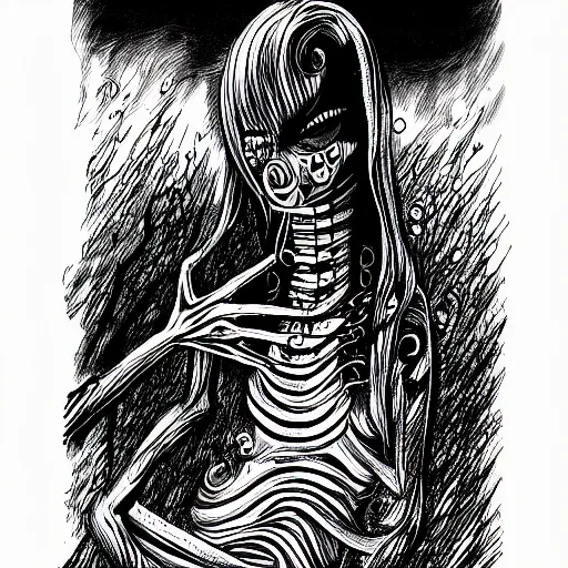 Image similar to black and white illustration creative design, monster, junji ito, body horror