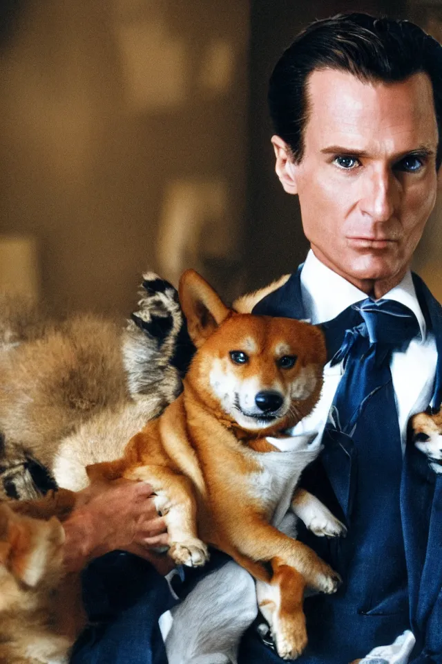 Image similar to a highly detailed portrait of patrick bateman from american psycho holding a shiba inu in his arms, hyperrealistic, highly detailed, 8 k, canon 2 4 mm f / 1. 4 lens,