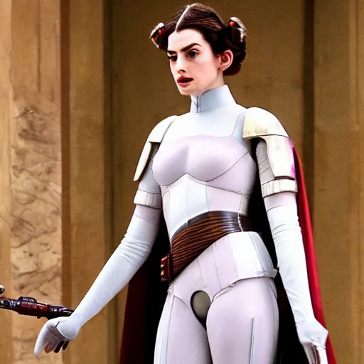 Prompt: Anne Hathaway as Padme Amidala, full body, hyper detailed, city street