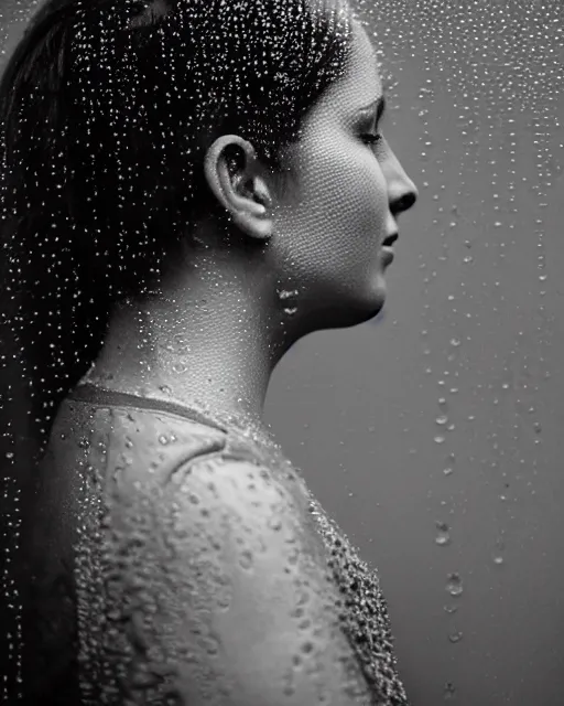 Image similar to a woman's face in profile, made of raindrops, in the style of the dutch masters and gregory crewdson, dark and moody