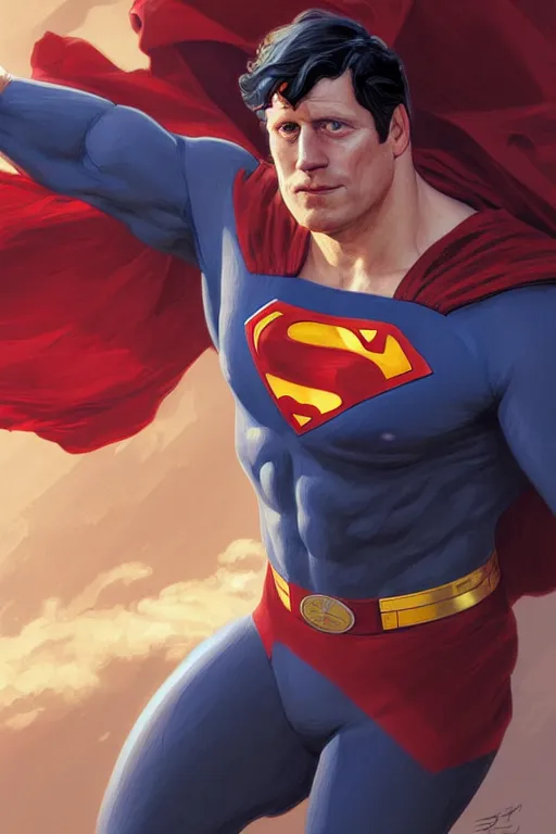 Image similar to Boris Johnson as Superman,realistic portrait, symmetrical, highly detailed, digital painting, artstation, concept art, smooth, sharp focus, illustration, cinematic lighting, art by artgerm and greg rutkowski and alphonse mucha