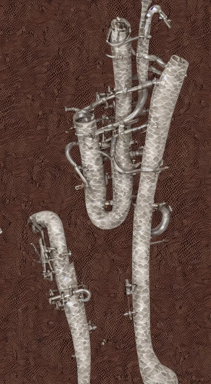 Prompt: a wind instrument with ceramic pipes shaped like a human larynx, snakeskin texture , in the style of an medical diagram, 8k,