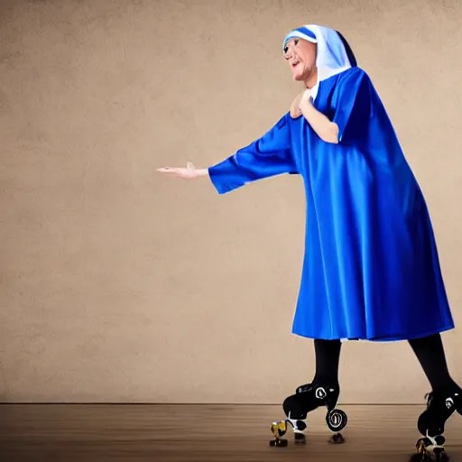 Image similar to blonde nun in blue clothes on roller skates, body shot, in the style of michaelangelo