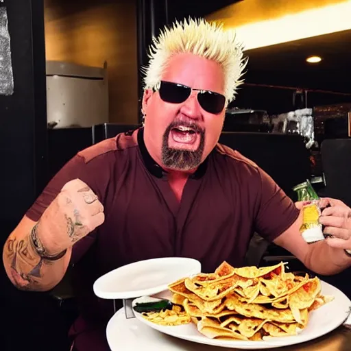 Prompt: guy fieri sitting on a toilet , eating a plate of nachos, 8k