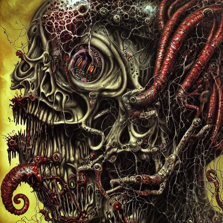 Prompt: album cover art, biopunk. zombies, toxic mutation, lovecraftian, herman nitsch, giger. airbrush, high detail.