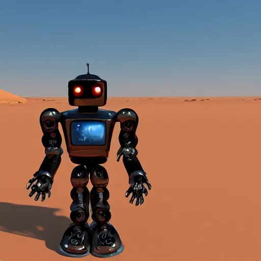 Image similar to robot marduder lost in sahara, photo realistic, highly detailed