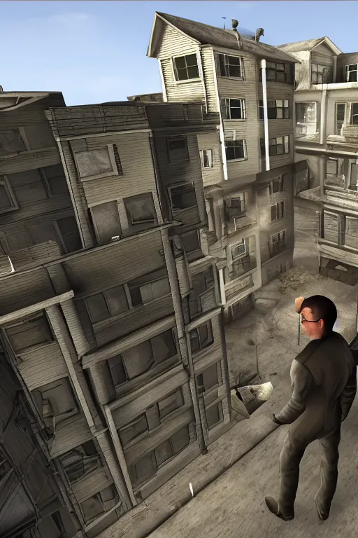 Image similar to A government man from Half-life stands on the balcony of a two-story panel house and watches, graphics in the style of games on the source engine, game graphics