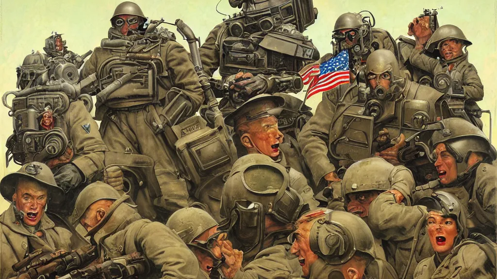 Prompt: American battle mechs of WWII in the style of Norman Rockwell, sci-fi illustrations, propaganda poster, highly detailed, intricate, photorealistic, award-winning, patriotic, american, dark, gritty, oil painting