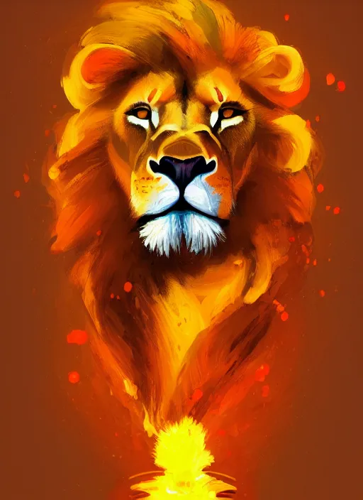 Image similar to a painting of a lion's face with orange and yellow smoke coming out of, a digital painting by petros afshar, behance contest winner, digital art, behance hd, digital illustration, digital painting