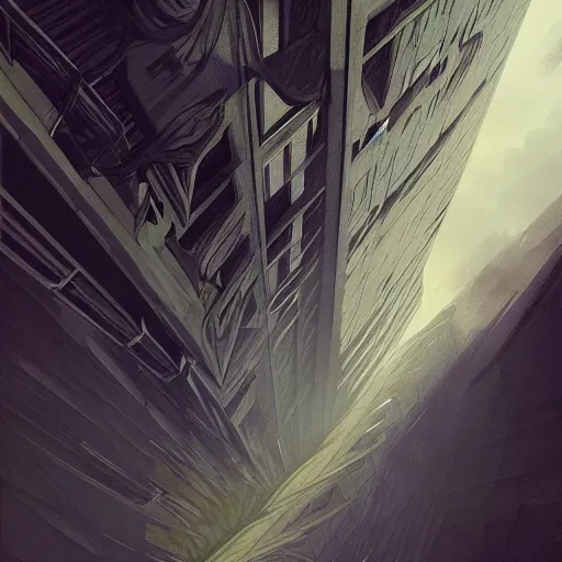 Prompt: You see yourself descending from a building to the ground, fantasy, surreal, digital art, artstation