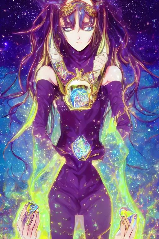 Image similar to acid trip, hall of mirrors, intricate, highly detailed, anime, 4k, a beautiful seductive lucina from fire emblem holding a crystal containing the universe, with professional makeup, long trippy hair, surrounded by gems, underneath the stars, trending on patreon, deviantart, twitter, artstation, volumetric lighting, heavy contrast, by artgerm and Ilya Kuvshinov and alphonse mucha