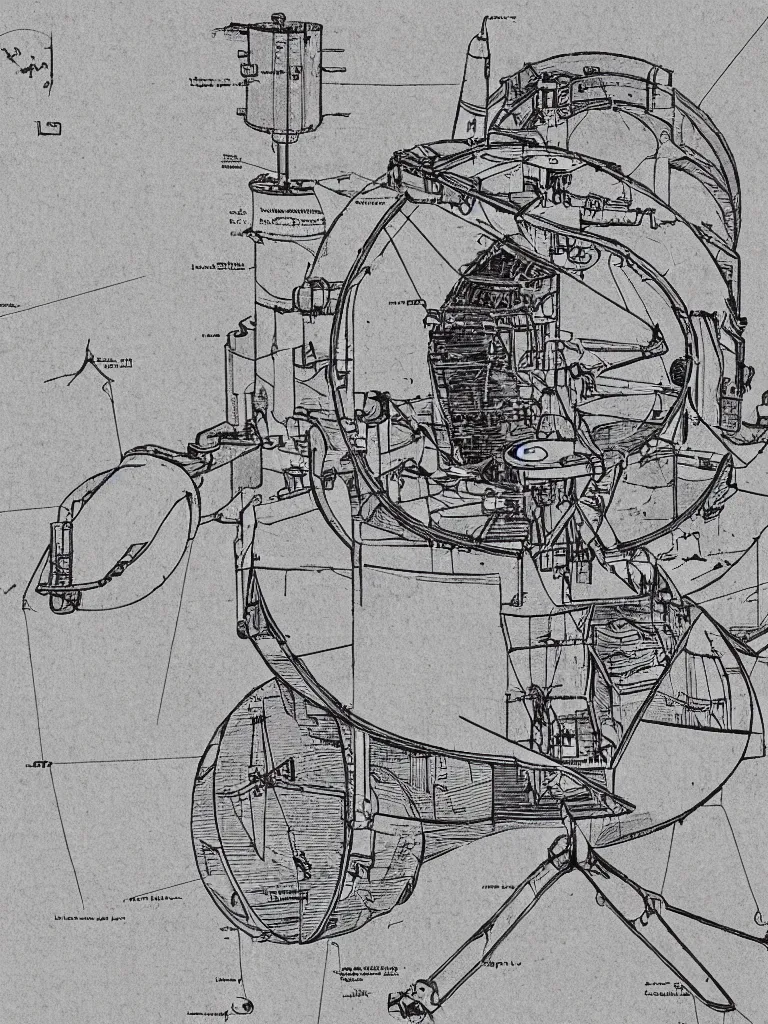 Prompt: Illustrated mechanical diagram of a NASA Moon Lander drawn on paper by Leonardo da Vinci, hyper realistic, high details, infographic, marginalia