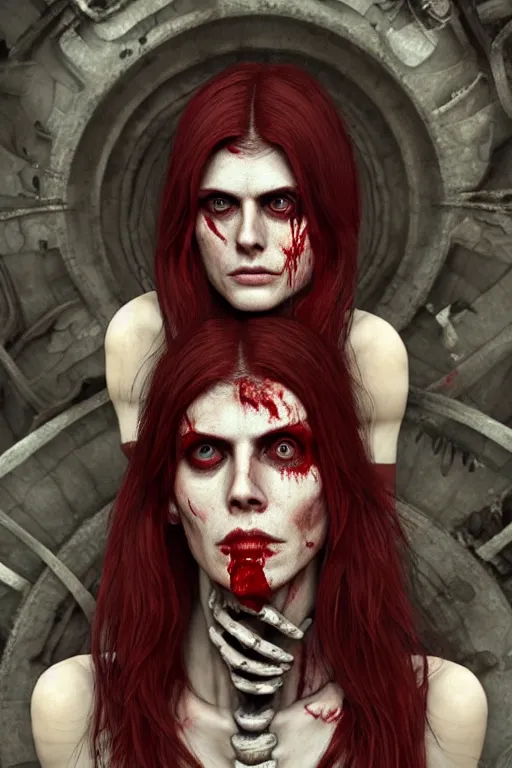 Image similar to woman skeleton covered with blood, alexandra daddario face, long red hair, ultra realistic, concept art, intricate details, highly detailed, photorealistic, octane render, 8 k, unreal engine. retro film still, heavy grain, 3 5 mm, art by artgerm and greg rutkowski and alphonse mucha