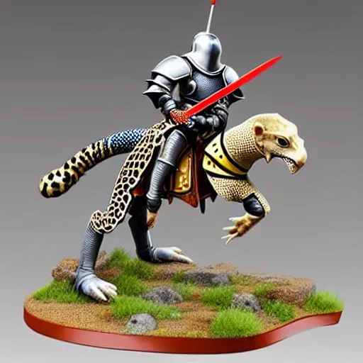 Prompt: A medieval knight riding on a giant leopard gecko, highly detailed, painted wargaming miniature