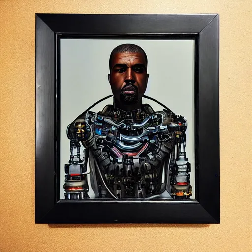 Image similar to a realistic oil painting of a cybernetic kanye west cyborg, surrealism portrait, post apocalyptic album cover