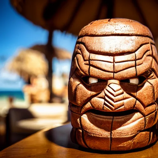 Image similar to a closeup photorealistic photograph of ben grimm's face on a tiki mug at trader vic's beach bar. fantastic four. tiki culture. bright scene. fine detail. this 4 k hd image is trending on artstation, featured on behance, well - rendered, extra crisp, features intricate detail, epic composition and the style of unreal engine.