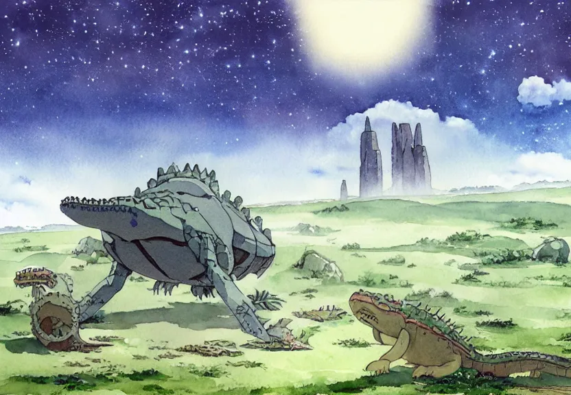 Image similar to a hyperrealist watercolor concept art from a studio ghibli film showing a giant grey mechanized crocodile from howl's moving castle ( 2 0 0 4 ). stonehenge is under construction in the background, in the rainforest on a misty and starry night. by studio ghibli. very dull muted colors