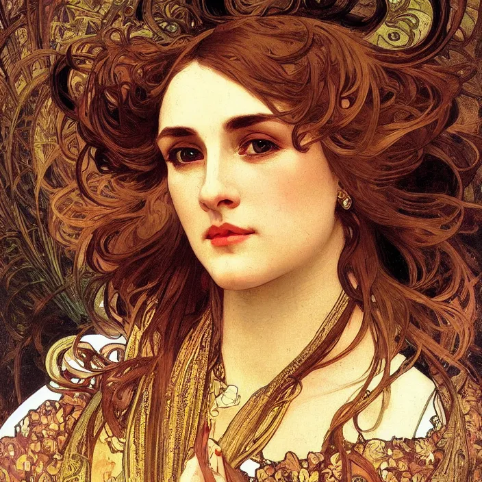 Prompt: face of a lady, portrait, highly detailed, rich, extremely opulent, ornate art, pompous, ornamental, richly detailed, digital art by alphonse mucha, ivan shishkin, adolph menzel, carvaggio