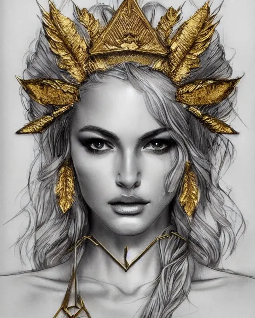 Image similar to tattoo sketch of hot blonde super model as aphrodite greek goddess wearing a gold laurel wreath and triangle earrings, beautiful piercing gaze with sharp pupils, in the style of greg rutkowski, fantasy, amazing detail, epic, elegant, smooth, sharp focus, front view