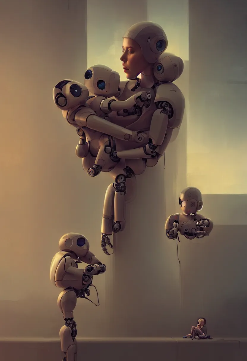 Image similar to female robot, holding young baby, dystopian, future, digital painting, concept art, golden ratio, rule of thirds, by wlop and stalenhag