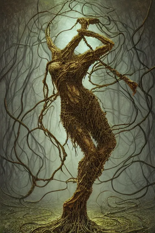 Image similar to deformed female swamp dancer twisted in vines and sludge by tomasz alen kopera.