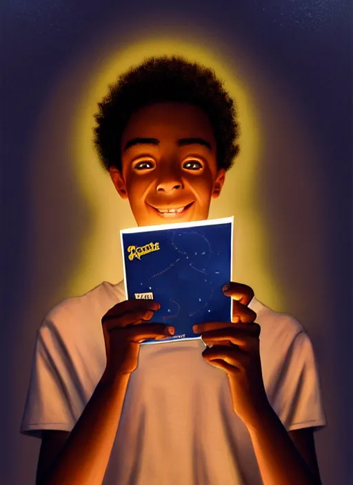 Image similar to portrait of teenage chuck clayton, black teenage boy, very short curly hair, very short hair, square jaw, slight excited smile, reading archie comic book, intricate, elegant, glowing lights, highly detailed, digital painting, artstation, concept art, smooth, sharp focus, illustration, art by wlop, mars ravelo and greg rutkowski