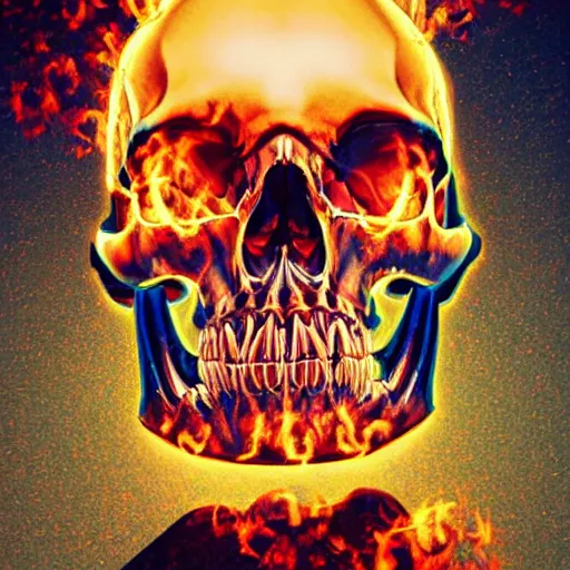Image similar to a highly detailed human skull covered with intricate designs with fire for eyes on fire in front of a neon blue background, 3 d, colorful, octane render, symmetrical, hyper realism, highly detailed, digital art, artstation, concept art, cinematic lighting, strong bokeh, trending