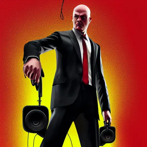Image similar to agent 4 7 from hitman wearing headphones and listening to music in front of large stereo speakers surrounded by cables, black background, red rim light, highly detailed, smooth, sharp focus, art by ali kiani amin