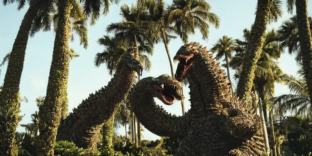 Image similar to photo of a very long neck godzilla nibbling on palm trees, silly, funny, weird and odd