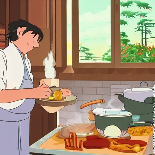Prompt: father cooking bacon and eggs on a beautiful peaceful morning by studio ghibli
