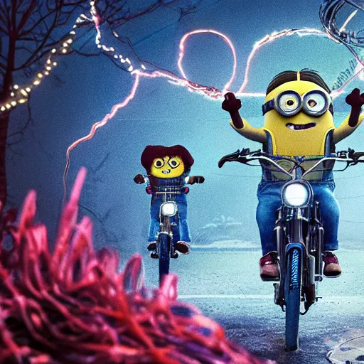 Prompt: minion in the stranger things upside down world, realistic, photography, award winning, 8 k, wide shot,