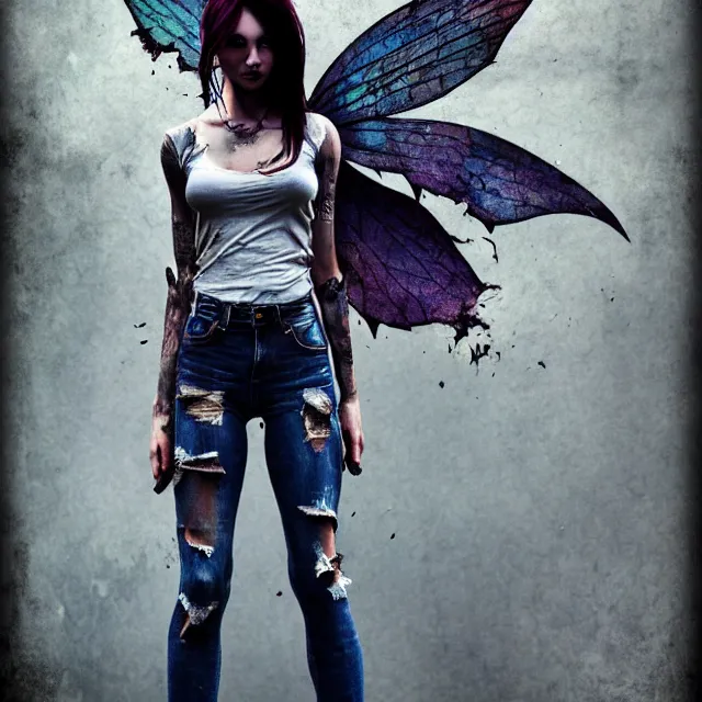 Prompt: full body pose, beautiful adult anarchy fairy, torn shirt, jeans, dirty, grungy, grunge, highly detailed, 4 k, hdr, smooth, sharp focus, high resolution, award - winning photo, artgerm, photorealistic