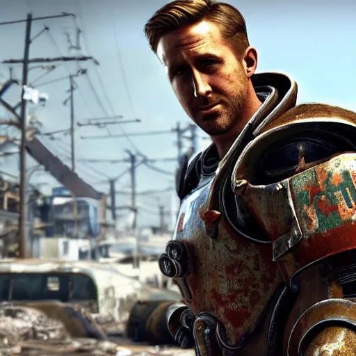 Prompt: ryan gosling in fallout 4 in power armor