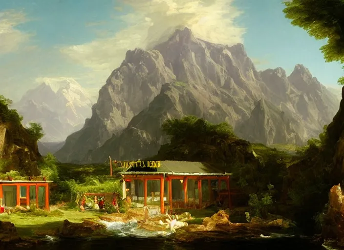 Image similar to painting of a mcdonalds restaurant in front of beautiful mountains by thomas cole