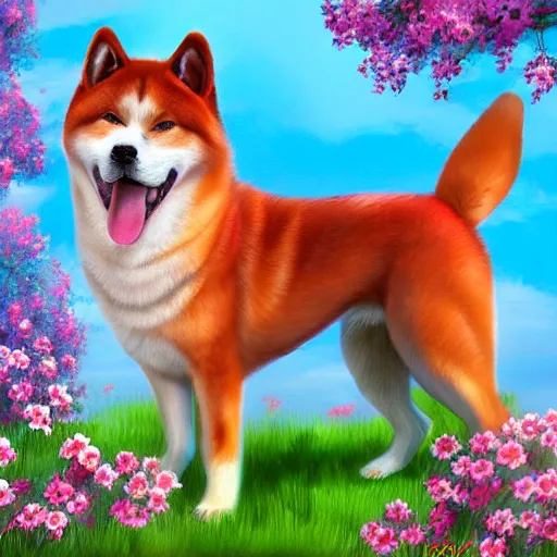 Image similar to a red akita inu wearing a kimono, in a field of flowers, highly detailed 4k digital painting