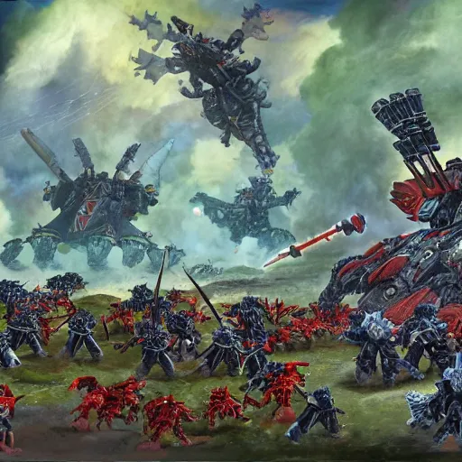 Prompt: Battle of the Imperial Guard on the planet against the Tyranids, Warhammer 40,000, Artist - Phil Moss