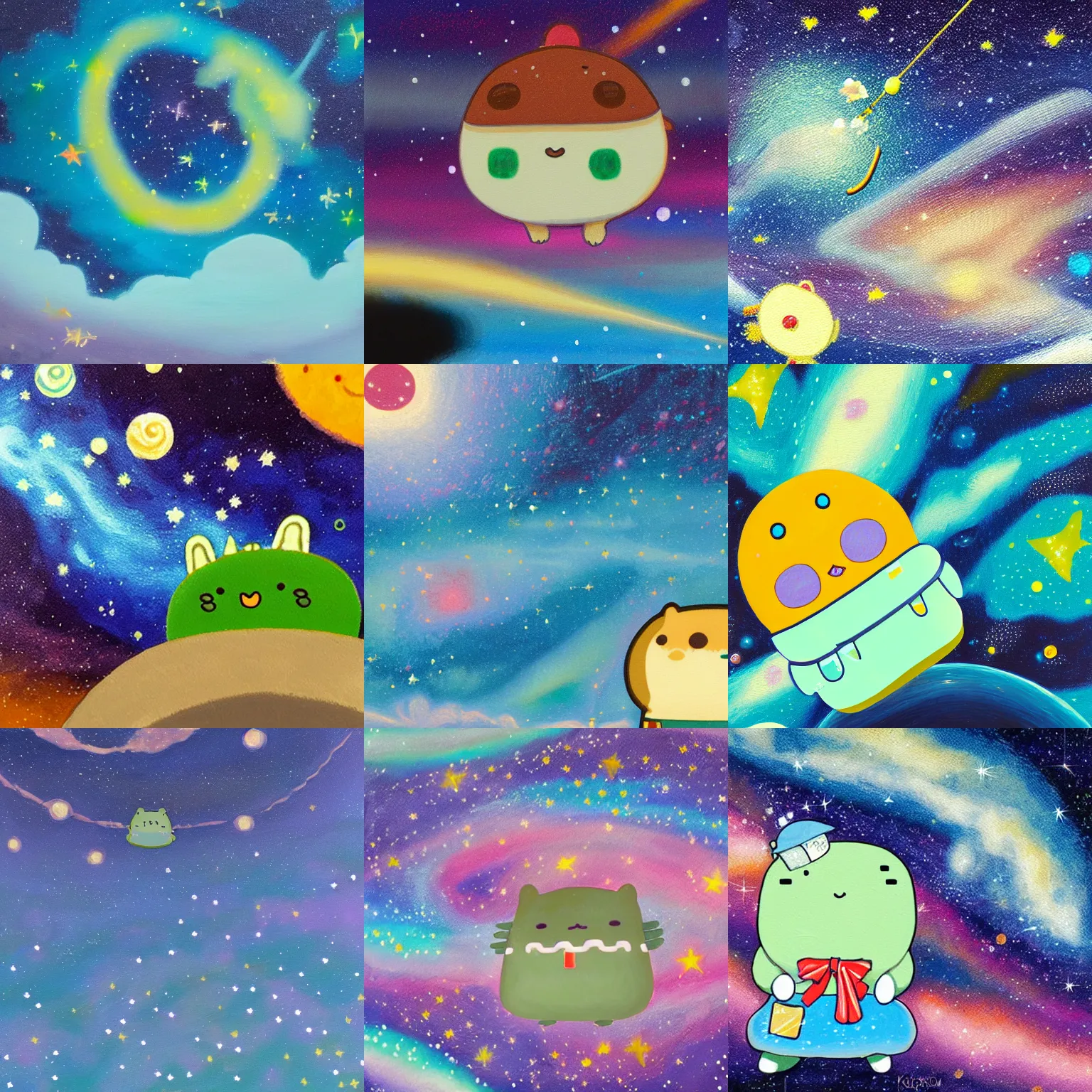 Prompt: oil painting closeup of Sumikkogurashi Zassou flying in front of a swirling galaxy, shimmering stars, milky way