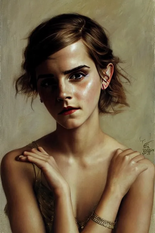 Image similar to emma watson frowning detailed portrait painting by gaston bussiere craig mullins j. c. leyendecker photograph by richard avedon peter lindbergh annie leibovitz