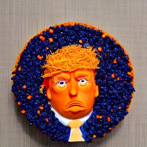 Prompt: edible donald trump made step by step : 1 ) face is made of orange pieces 2 ) hair is made of shredded lemon skin 3 ) suit is made of blueberries and whipped cream 4 ) fine details are filled in using sprinkles, from the beautiful'food art collection ', dslr