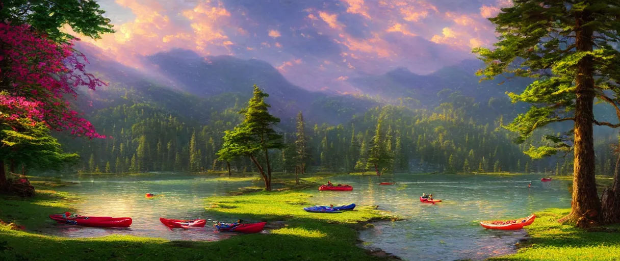 Prompt: beautiful pine tree landscape, colorful flowers, a lake , three big kayaks, trees in the grassy hills, dramatic lighting, cinematic, establishing shot, extremly high detail, by Thomas Kinkade, concept art, artstation, matte painting