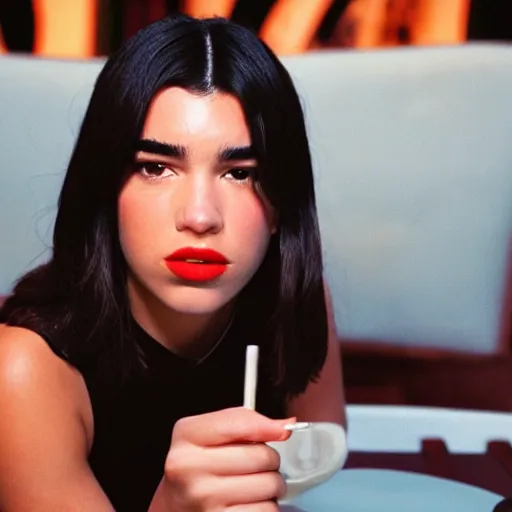 Prompt: Live Action Still of Dua Lipa in Pulp Fiction, real life, hyperrealistic, ultra realistic, realistic, highly detailed, epic, HD quality, 8k resolution, film still